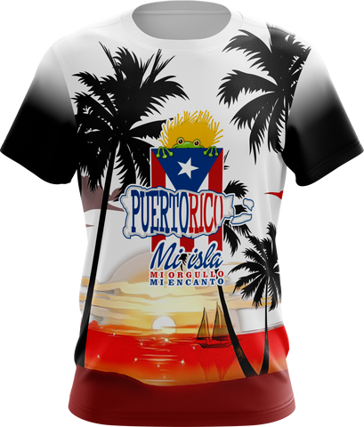 Front and back views of a colorful Puerto Rican shirt with palm tree silhouettes, sunset landscape, sailboat, and text "Puerto Rico Mi Isla Mi Orgullo Mi Encanto" incorporating flag colors, celebrating island pride and beauty.