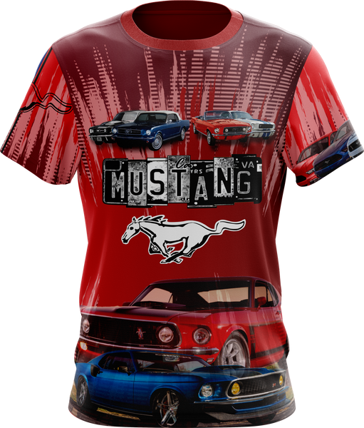 A red T-shirt featuring the Mustang logo and images of classic Mustang cars.