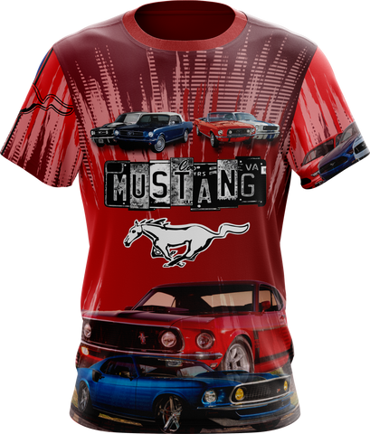 A red T-shirt featuring the Mustang logo and images of classic Mustang cars.