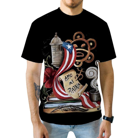 A black unisex t-shirt featuring a vibrant print with a historical and cultural theme related to Puerto Rico.