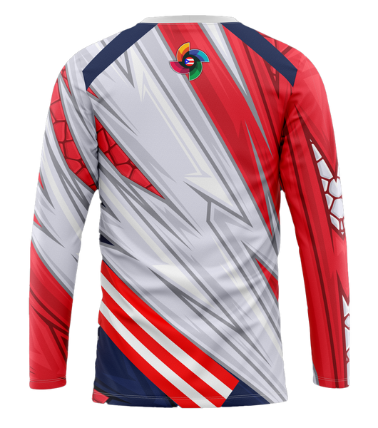 Dynamic Puerto Rico PR sports jersey with flag colors, bold PR logo, and geometric patterns, designed for athletes, available 2025.
