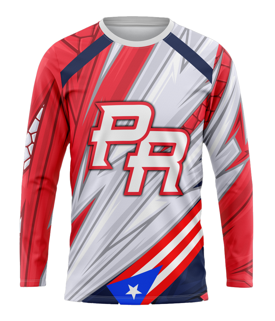 A long-sleeved sports jersey with geometric patterns and 'PR' text, predominantly red with white and blue accents.