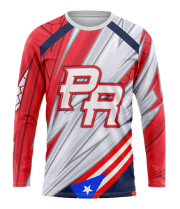 A long-sleeved sports jersey with geometric patterns and 'PR' text, predominantly red with white and blue accents.