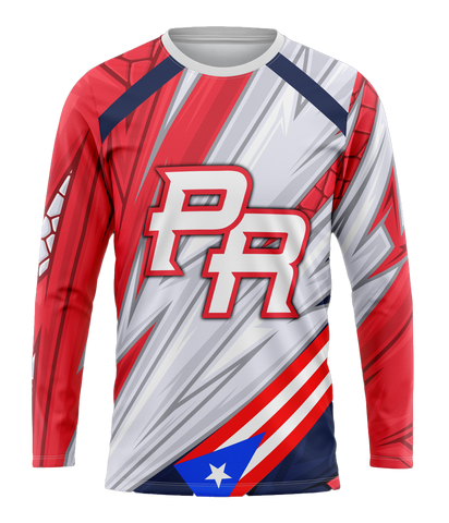A long-sleeved sports jersey with geometric patterns and 'PR' text, predominantly red with white and blue accents.