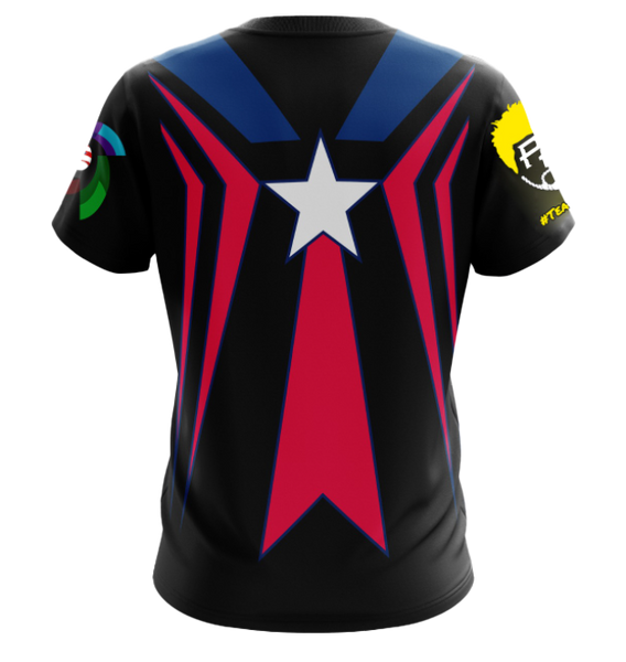 Puerto Rico PR team t-shirt featuring a white base with bold red and blue star design, "PR" lettering, and #Team logo on the sleeve, perfect for proud supporters in 2025.