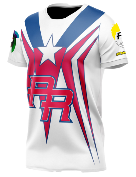 A short-sleeved T-shirt featuring geometric patterns with red, blue, and white colors, and the letters 'PR' prominently displayed.