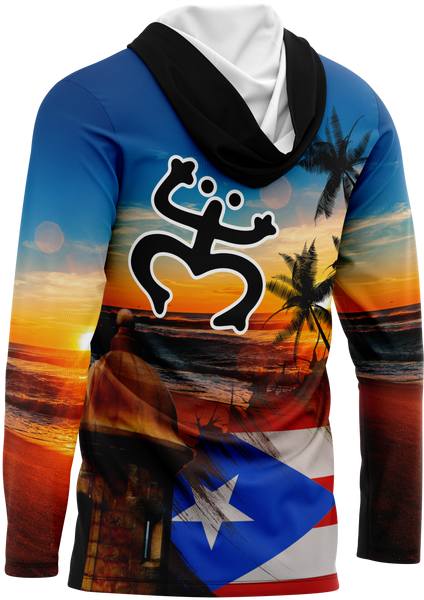Vibrant Puerto Rico hooded sweatshirt with sunset beach scene, palm trees, coqui frog, tropical flower, and national flag, ideal for patriotic apparel and island pride collectors.