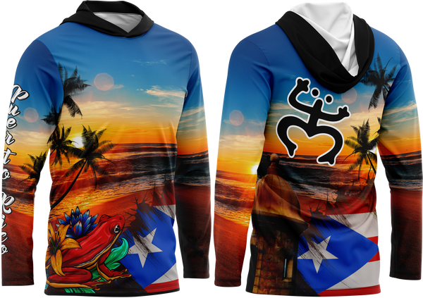 Vibrant Puerto Rico hooded sweatshirt with sunset beach scene, palm trees, coqui frog, tropical flower, and national flag, ideal for patriotic apparel and island pride collectors.