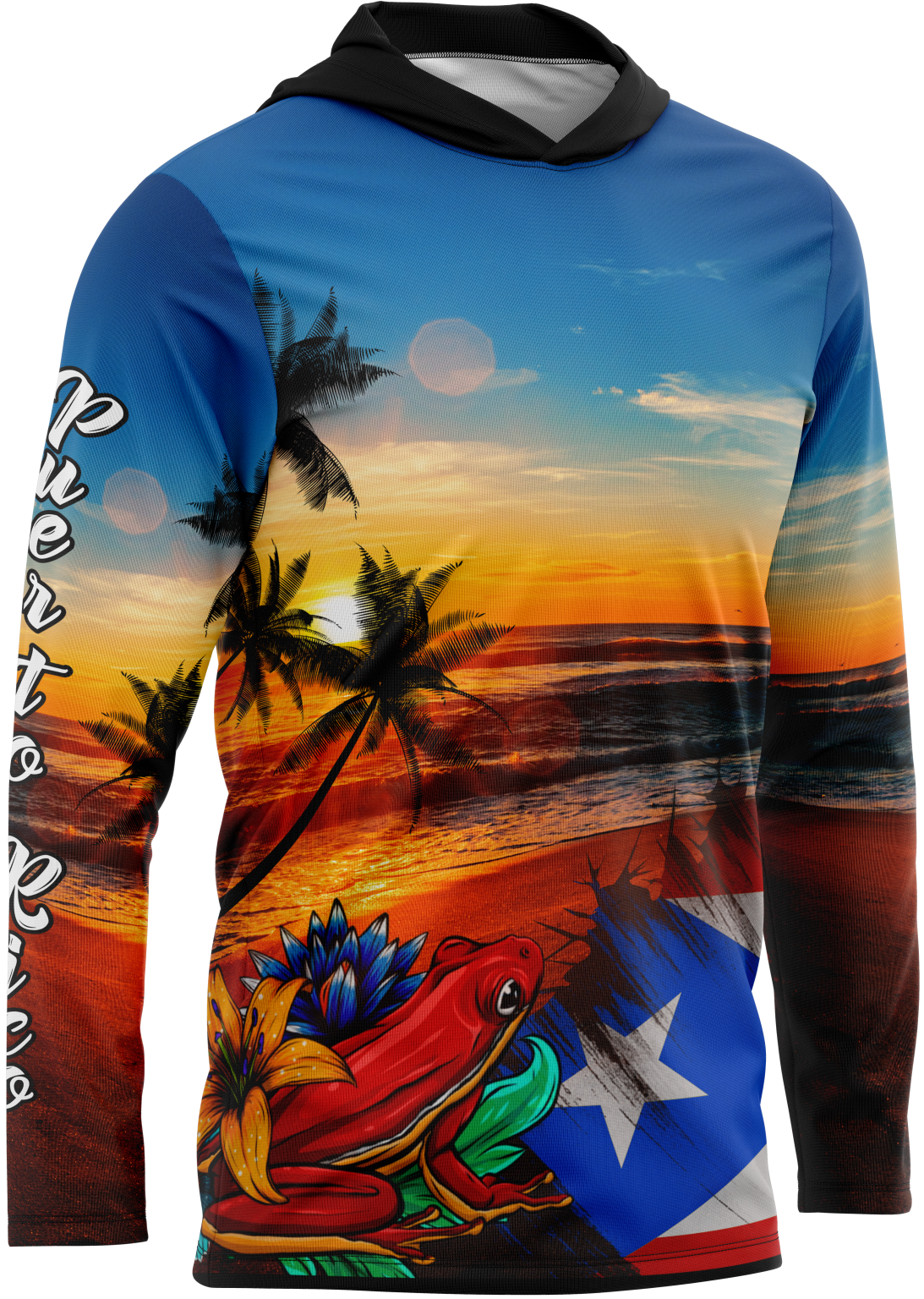 A hoodie featuring a colorful graphic design with a sunrise, palm trees, and the image of a coqui taino on the front.