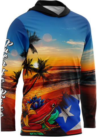 A hoodie featuring a colorful graphic design with a sunrise, palm trees, and the image of a coqui taino on the front.