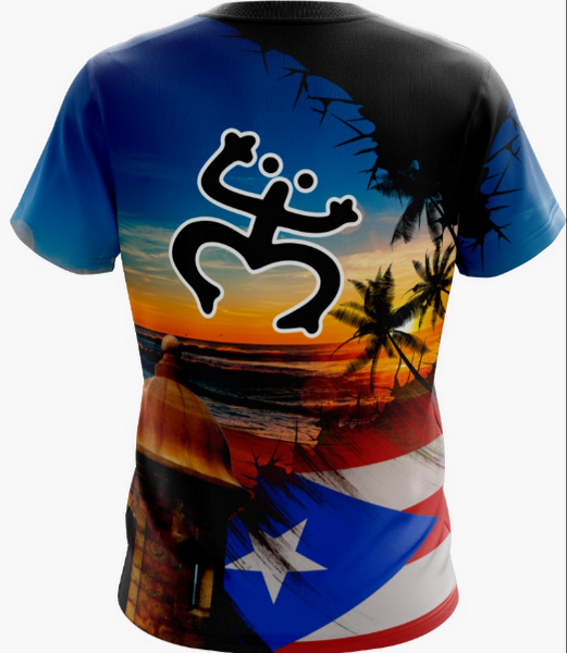 Vibrant Puerto Rico T-shirt featuring a Taino sun symbol, sunset beach with palm trees, coqui frog, and national flag, perfect for island pride and tropical apparel enthusiasts.