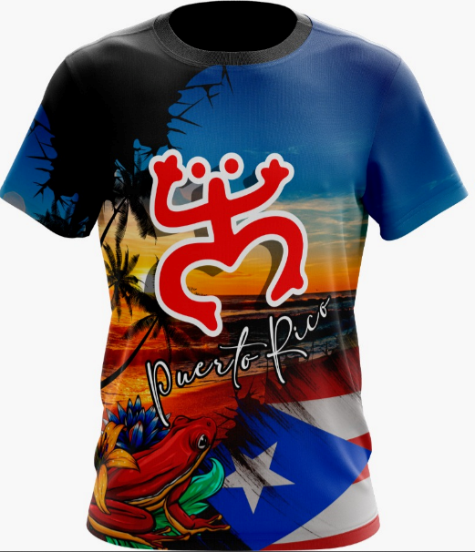 A t-shirt with a graphic design featuring a sunrise, the Puerto Rican flag, and the image of a coqui taino.