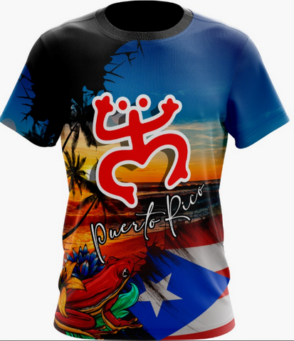 A t-shirt with a graphic design featuring a sunrise, the Puerto Rican flag, and the image of a coqui taino.