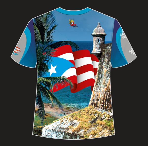 A vibrant Puerto Rico t-shirt featuring a palm tree, colorful boat on a beach, ocean, and bold red "Puerto Rico" text with a flag accent, ideal for beach enthusiasts.