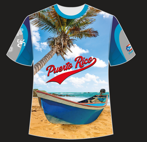 A vibrant Puerto Rico t-shirt featuring a palm tree, colorful boat on a beach, ocean, and bold red "Puerto Rico" text with a flag accent, ideal for beach enthusiasts.