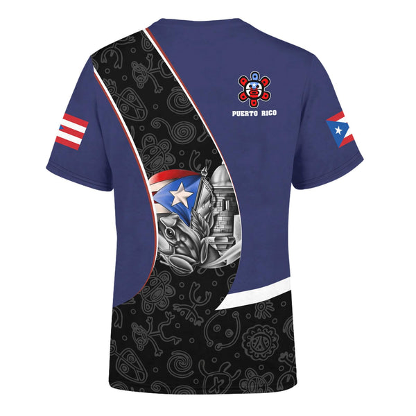 Vibrant Puerto Rico t-shirt featuring a patriotic design with the Puerto Rican flag, a traditional Taino sun symbol, and intricate cultural patterns, perfect for showcasing pride and style in 2025.