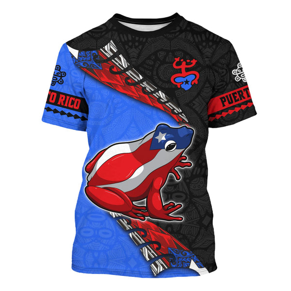 Vibrant Puerto Rico t-shirt featuring a patriotic design with the Puerto Rican flag, a traditional Taino sun symbol, and intricate cultural patterns, perfect for showcasing pride and style in 2025.