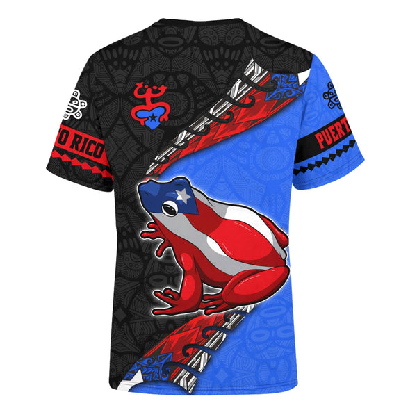 Vibrant Puerto Rico t-shirt featuring a patriotic design with the Puerto Rican flag, a traditional Taino sun symbol, and intricate cultural patterns, perfect for showcasing pride and style in 2025.