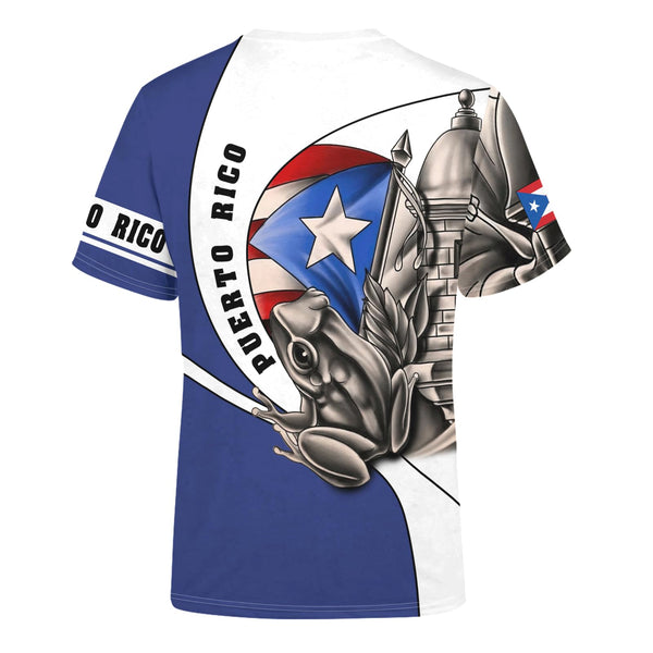 Vibrant Puerto Rico t-shirt featuring a patriotic design with the Puerto Rican flag, a traditional Taino sun symbol, and intricate cultural patterns, perfect for showcasing pride and style in 2025.