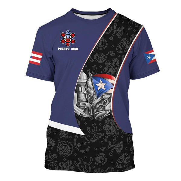 Vibrant Puerto Rico t-shirt featuring a patriotic design with the Puerto Rican flag, a traditional Taino sun symbol, and intricate cultural patterns, perfect for showcasing pride and style in 2025.