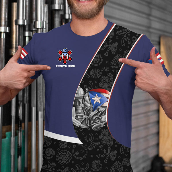 Puerto Rico t-shirt featuring a patriotic design with the Puerto Rican flag, a traditional Taino sun symbol, and intricate cultural patterns, perfect for showcasing pride and style in 2025.