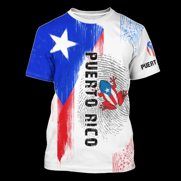 a white t-shirt with a design that includes the Puerto Rican flag and the text 'Puerto Rico'.