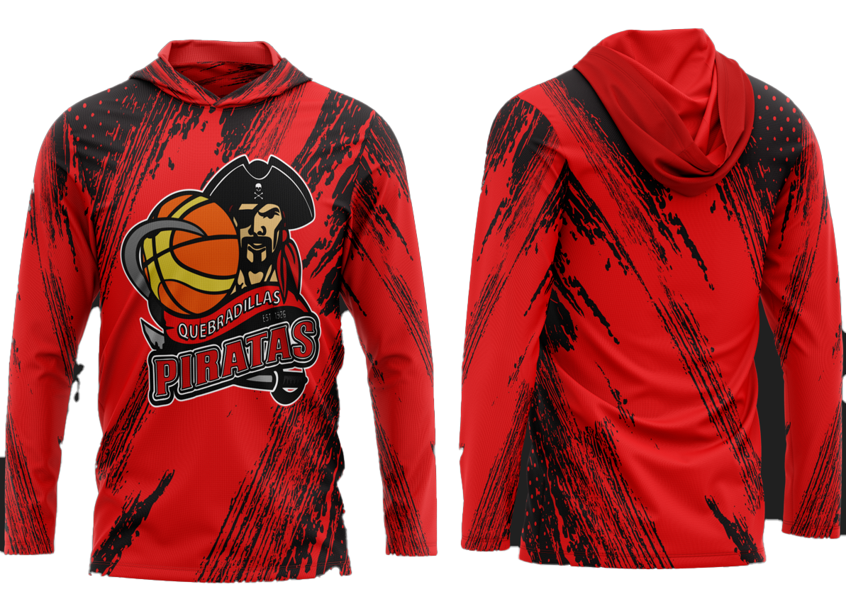 Red Quebradillas Piratas basketball hoodie with pirate logo, featuring a basketball and established 1926 text, designed for sports fans, available 2025.