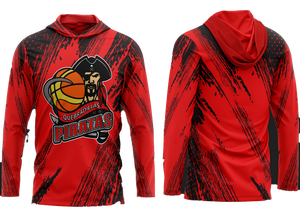 Red Quebradillas Piratas basketball hoodie with pirate logo, featuring a basketball and established 1926 text, designed for sports fans, available 2025.