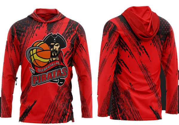 Red Quebradillas Piratas basketball hoodie with pirate logo, featuring a basketball and established 1926 text, designed for sports fans, available 2025.