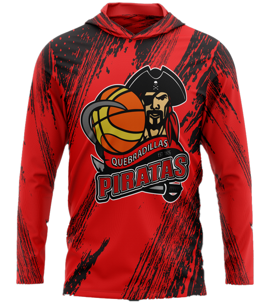 Red Quebradillas Piratas basketball hoodie with pirate logo, featuring a basketball and established 1926 text, designed for sports fans, available 2025