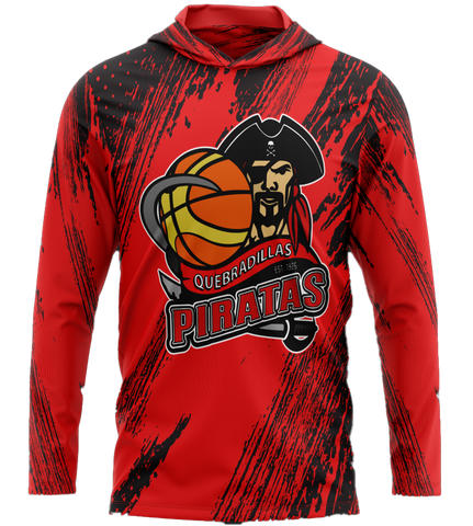 Red Quebradillas Piratas basketball hoodie with pirate logo, featuring a basketball and established 1926 text, designed for sports fans, available 2025