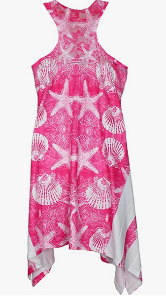 A vibrant red sleeveless dress with white starfish and seashell patterns, featuring an asymmetrical hem, ideal for a chic beach-inspired summer look.