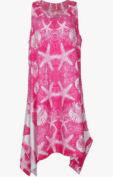 A vibrant red sleeveless dress with white starfish and seashell patterns, featuring an asymmetrical hem, ideal for a chic beach-inspired summer look.
