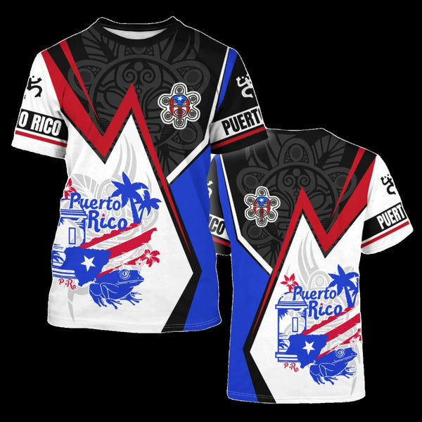 a black t-shirt with a design that includes the Puerto Rican flag and the text 'Puerto Rico'.