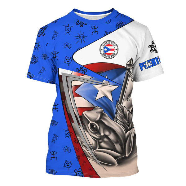 a white and blue t-shirt with a design that includes the Puerto Rican flag and the text 'Puerto Rico'.