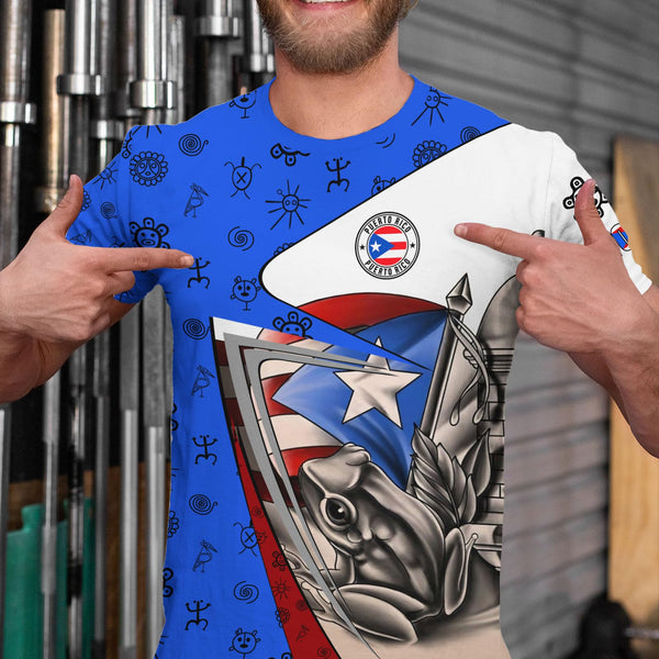 a white and blue t-shirt with a design that includes the Puerto Rican flag and the text 'Puerto Rico'.