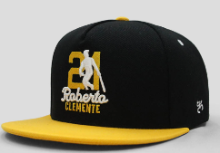 A black and yellow snapback hat with '21 Roberto Clemente' embroidered on the front.