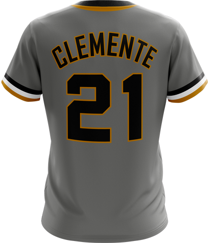 Gray Roberto Clemente number 21 Pittsburgh Pirates throwback baseball jersey shirt with black and gold trim