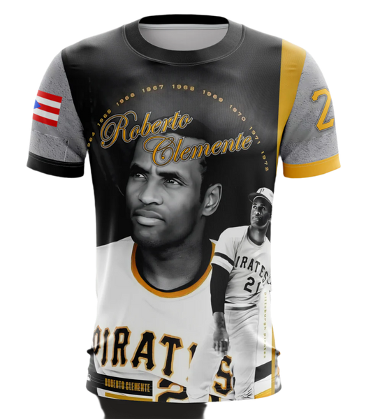 A kids' T-shirt featuring graphics of Roberto Clemente in a baseball uniform and the text 'Roberto Clemente'. The shirt is primarily black with yellow and gray accents.