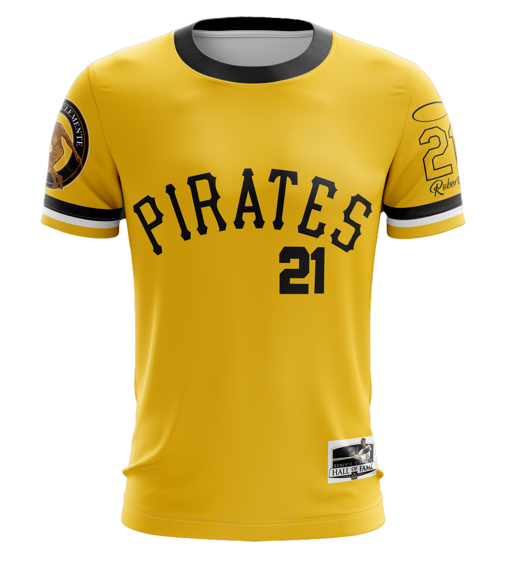 A yellow baseball t-shirt with 'Pirates 21' printed on the front, along with the number '21' and the name 'Roberto Clemente' in smaller text on the sleeves.