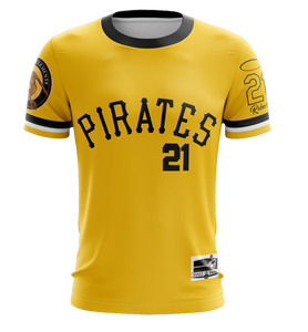 A yellow baseball t-shirt with 'Pirates 21' printed on the front, along with the number '21' and the name 'Roberto Clemente' in smaller text on the sleeves.