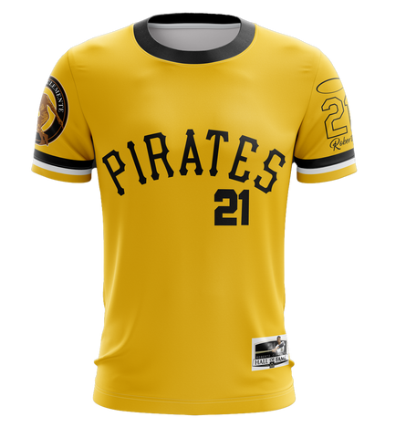 A yellow baseball t-shirt with 'Pirates 21' printed on the front, along with the number '21' and the name 'Roberto Clemente' in smaller text on the sleeves.