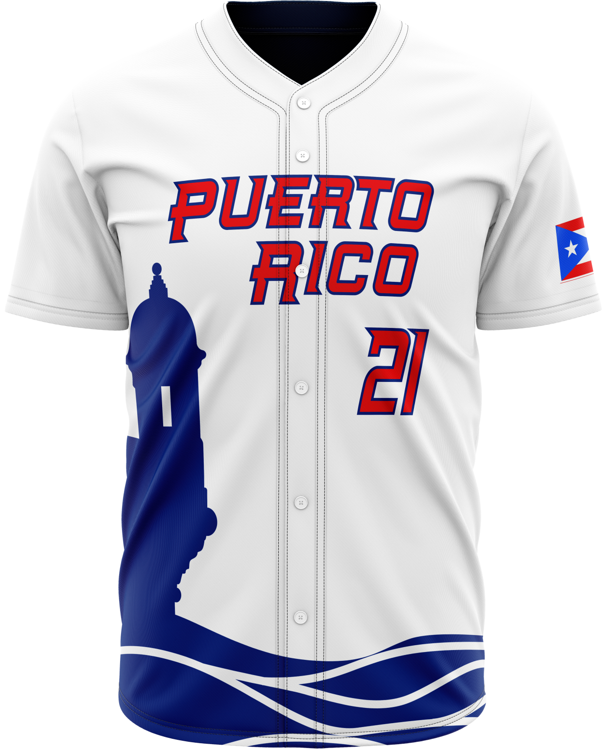 White Roberto Clemente number 21 Puerto Rico baseball jersey tribute shirt with red and blue lettering and Puerto Rican flag sleeve.