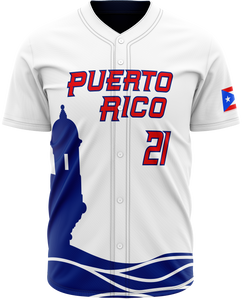 White Roberto Clemente number 21 Puerto Rico baseball jersey tribute shirt with red and blue lettering and Puerto Rican flag sleeve.