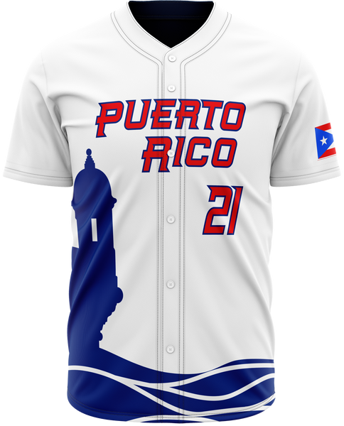 White Roberto Clemente number 21 Puerto Rico baseball jersey tribute shirt with red and blue lettering and Puerto Rican flag sleeve.