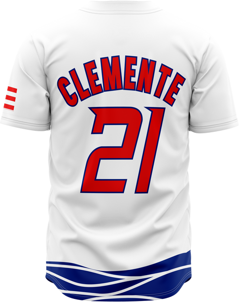 White Roberto Clemente number 21 Puerto Rico baseball jersey tribute shirt with red and blue lettering and Puerto Rican flag sleeve.