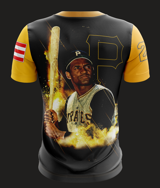 Yellow and black Roberto Clemente Pirates jersey with number 21, featuring his portrait, baseball bat, and Puerto Rican flag, honoring the legend, available 2025.