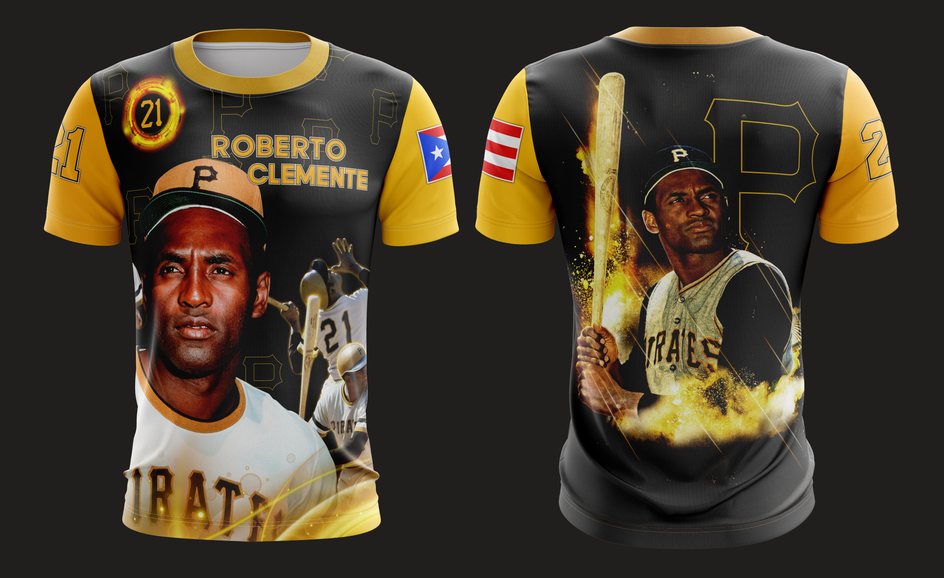 Yellow and black Roberto Clemente Pirates jersey with number 21, featuring his portrait, baseball bat, and Puerto Rican flag, honoring the legend, available 2025.