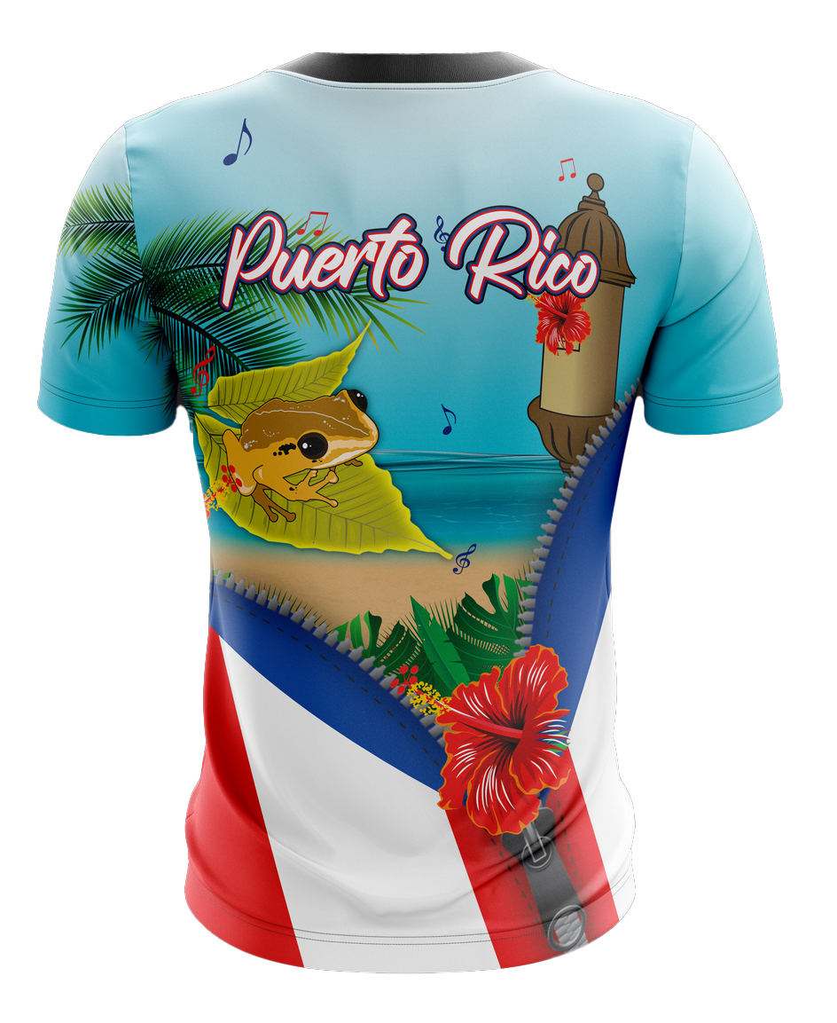 Vibrant Roberto Clemente Puerto Rico jersey with flag, profile, and action shot, featuring number 21 and coastal fortress, symbolizing pride, available 2025.