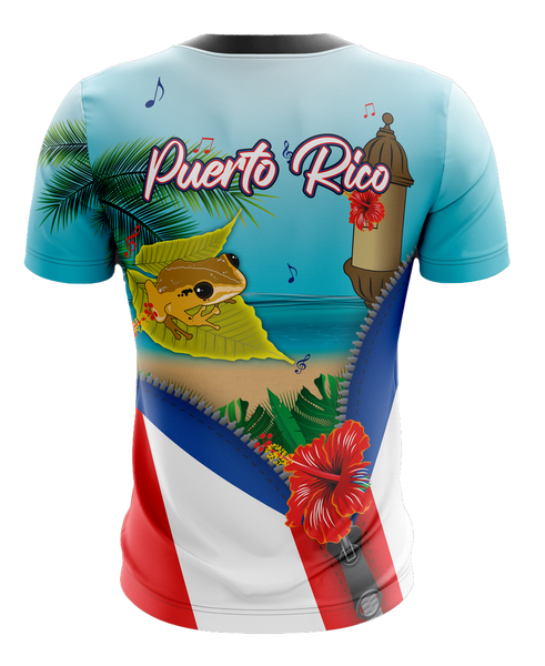Vibrant Roberto Clemente Puerto Rico jersey with flag, profile, and action shot, featuring number 21 and coastal fortress, symbolizing pride, available 2025.